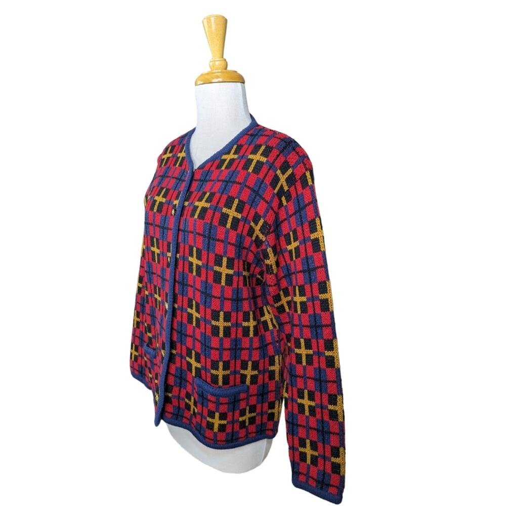 Vintage Crystal Kobe Cardigan Medium Red Blue Boxy Nordic Gold Buttons Pockets - Picture 5 of 14